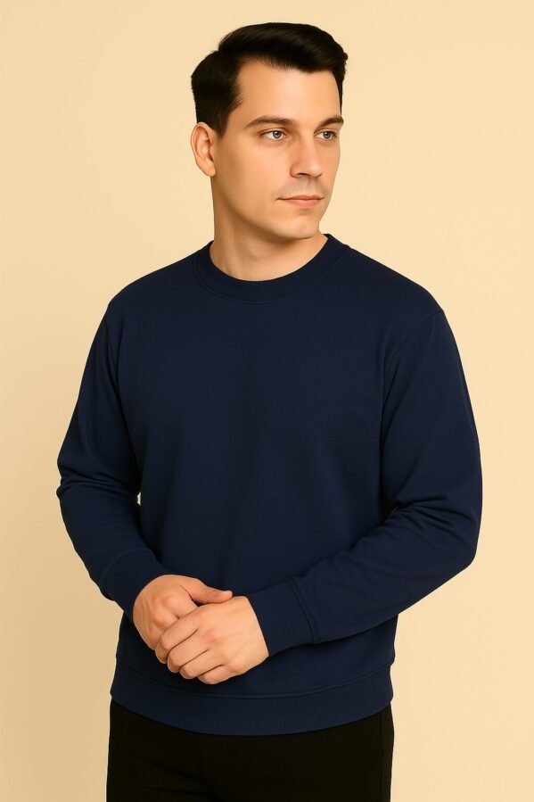 Navy blue oversized full sleeve tee with clean lines and confident posture, model facing forward.