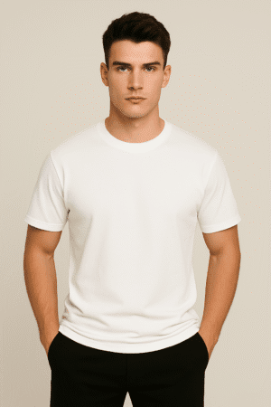 Model wearing VedFra Pearl White Tee – premium regular fit cotton t-shirt in clean minimal white for everyday wear.”